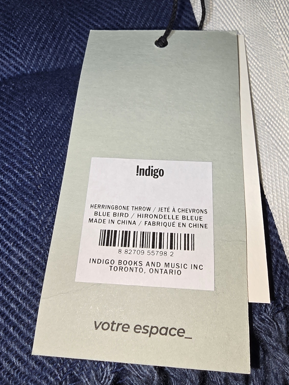 NWT Indigo OUI Herringbone Throw Blanket Blue Bird Navy Fringe Decor Cozy - Picture 2 of 4